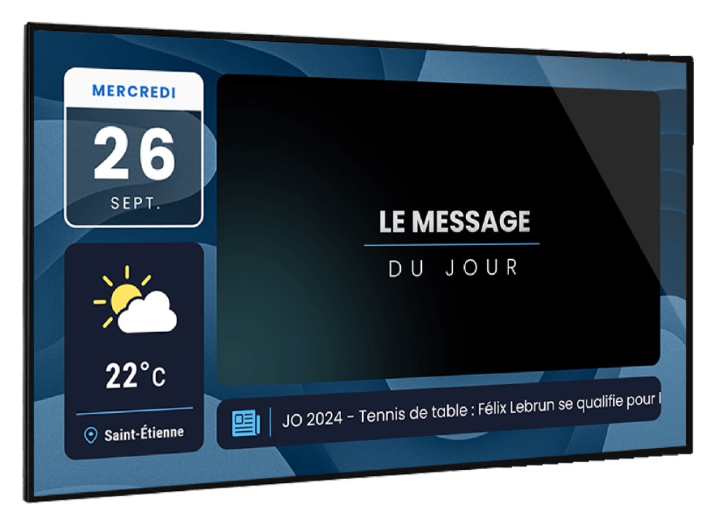 Ecran d'affichage dynamique avec la date du jour, la météo, le message du jour et une actualité en bandeau